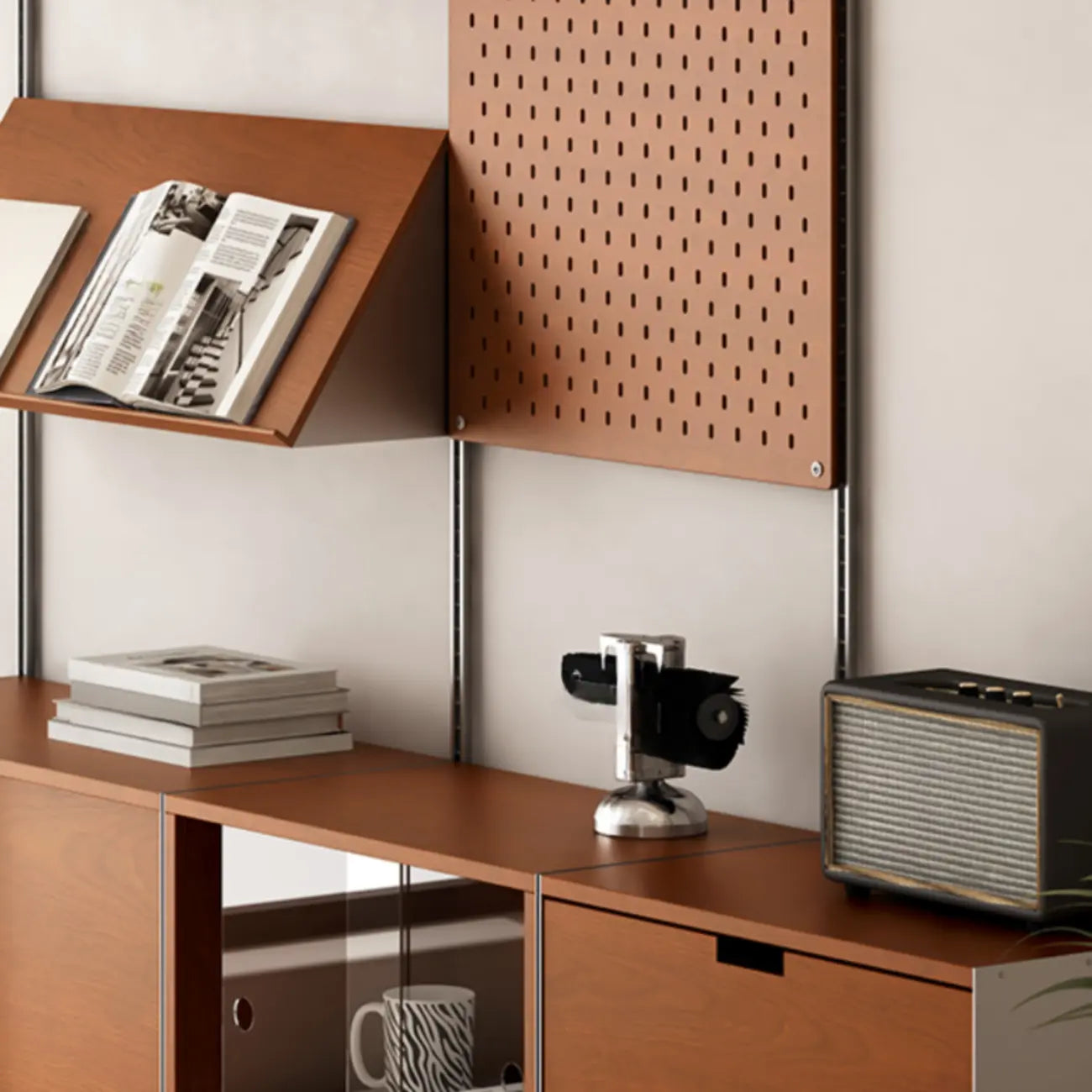 Mid-Century Modern Modular Wall Shelving System Walnut Bookshelf with Pegboard
