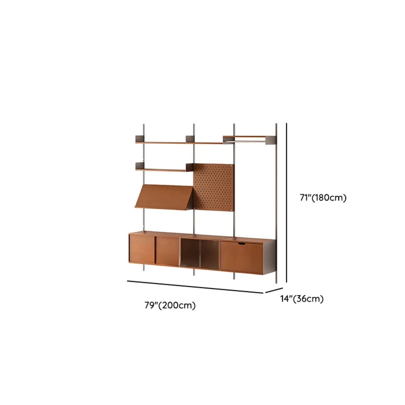 Mid-Century Modern Modular Wall Shelving System Walnut Bookshelf with Pegboard