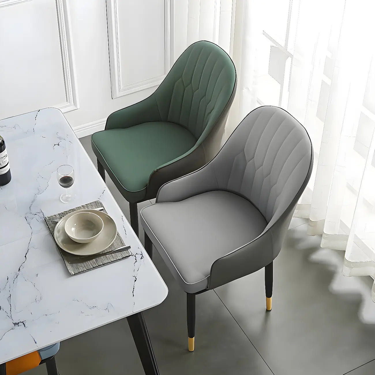 Contemporary Leather Armrest Dining Chair Curved Back