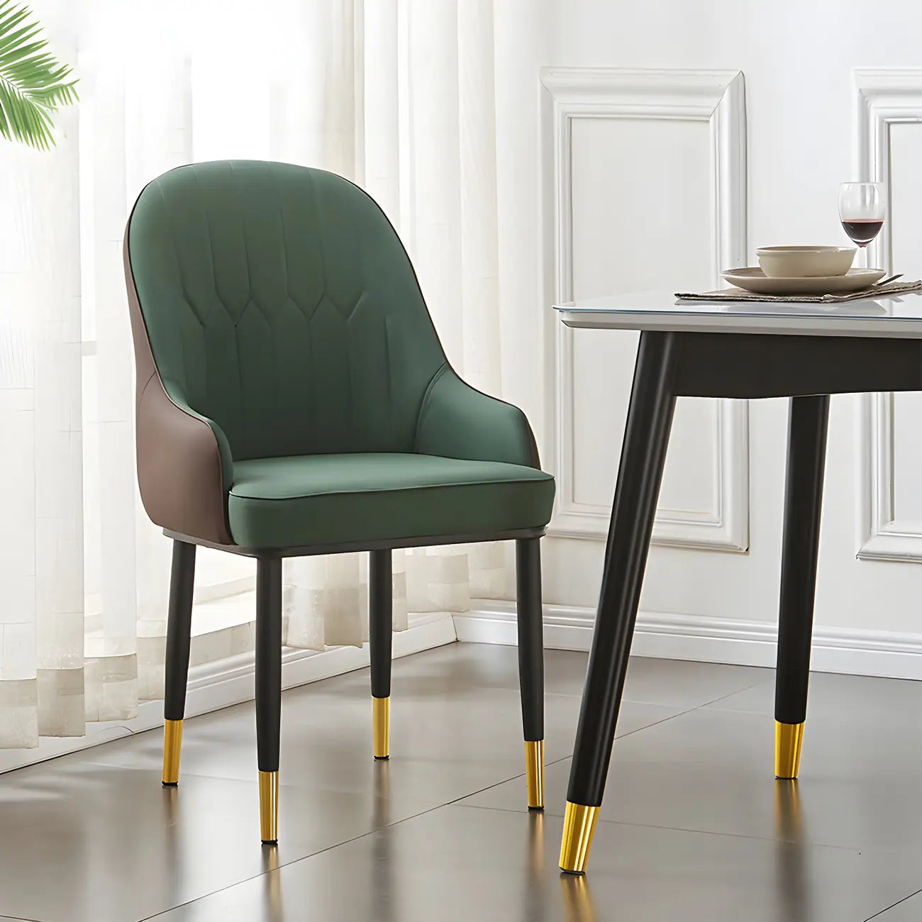 Contemporary Leather Armrest Dining Chair Curved Back