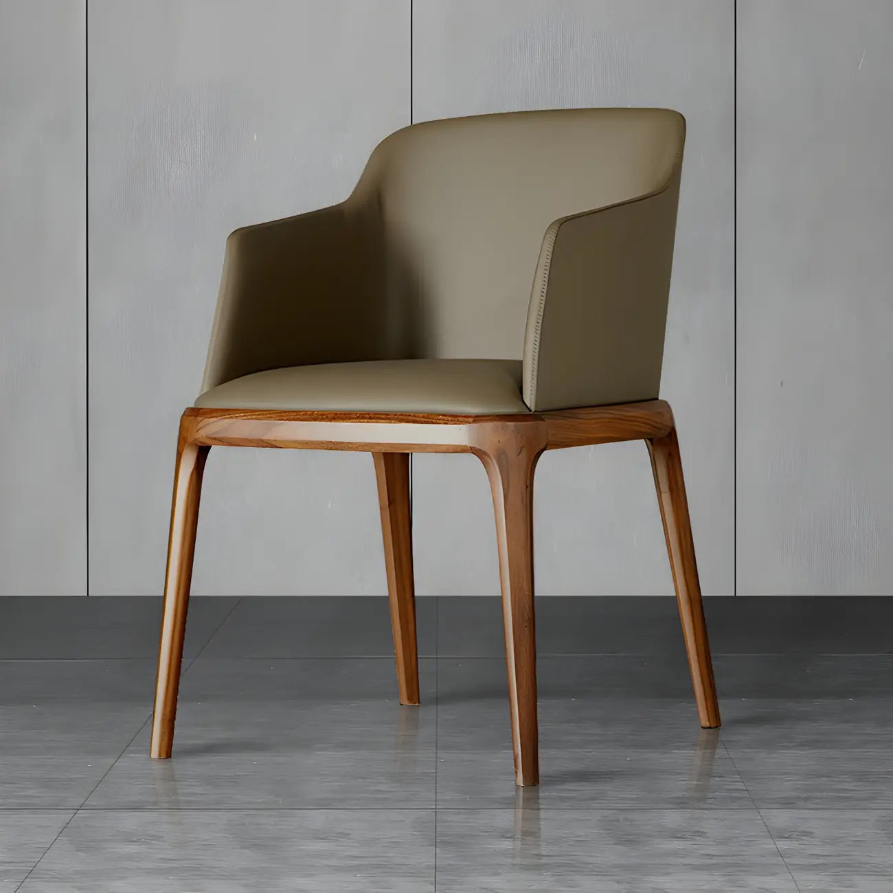 Khaki Leather Wood Legs Armrest Dining Chair