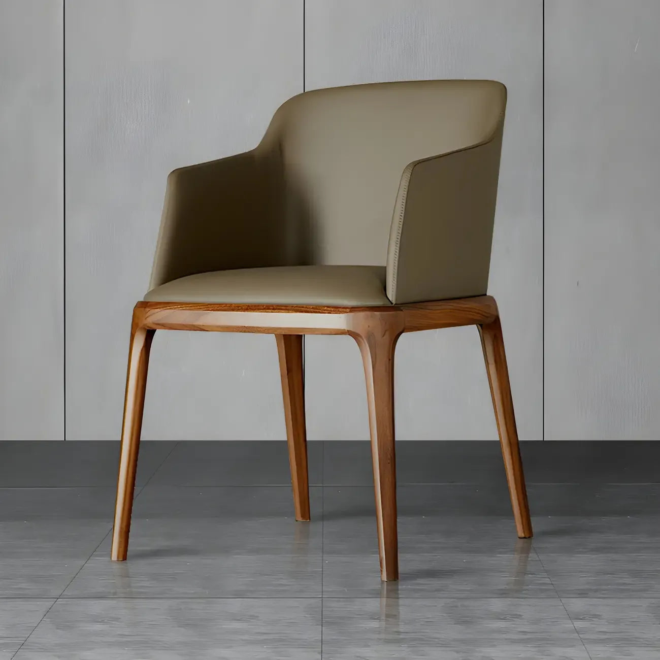 Khaki Leather Wood Legs Armrest Dining Chair