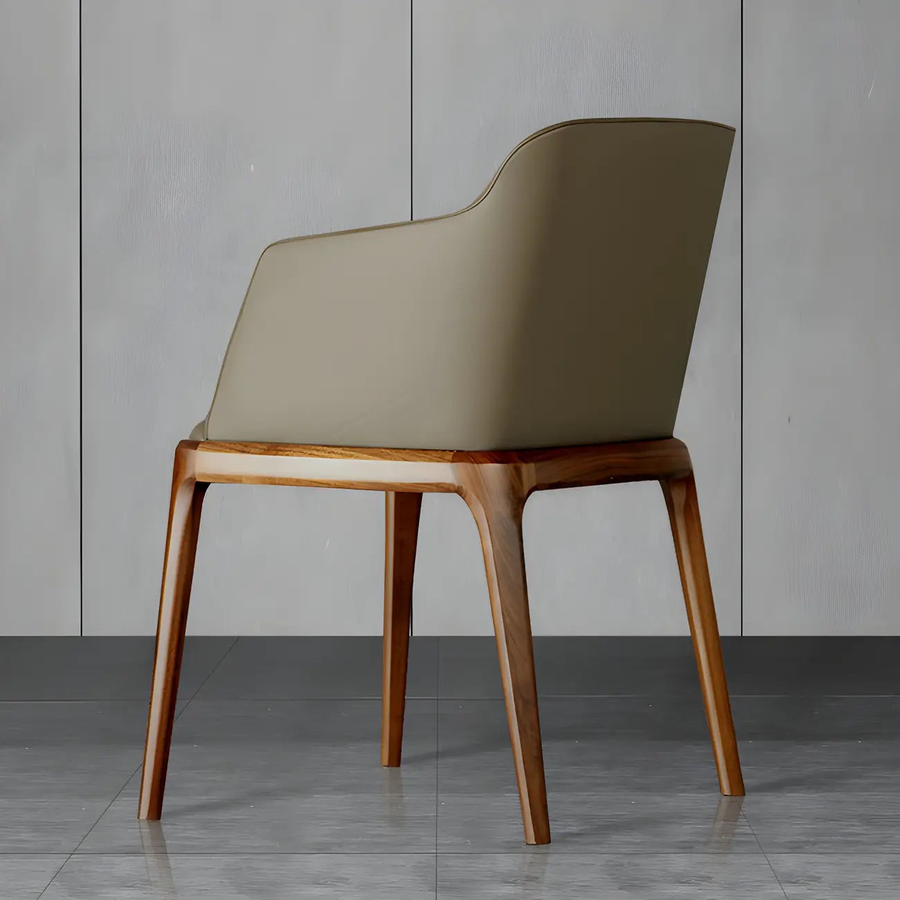Khaki Leather Wood Legs Armrest Dining Chair