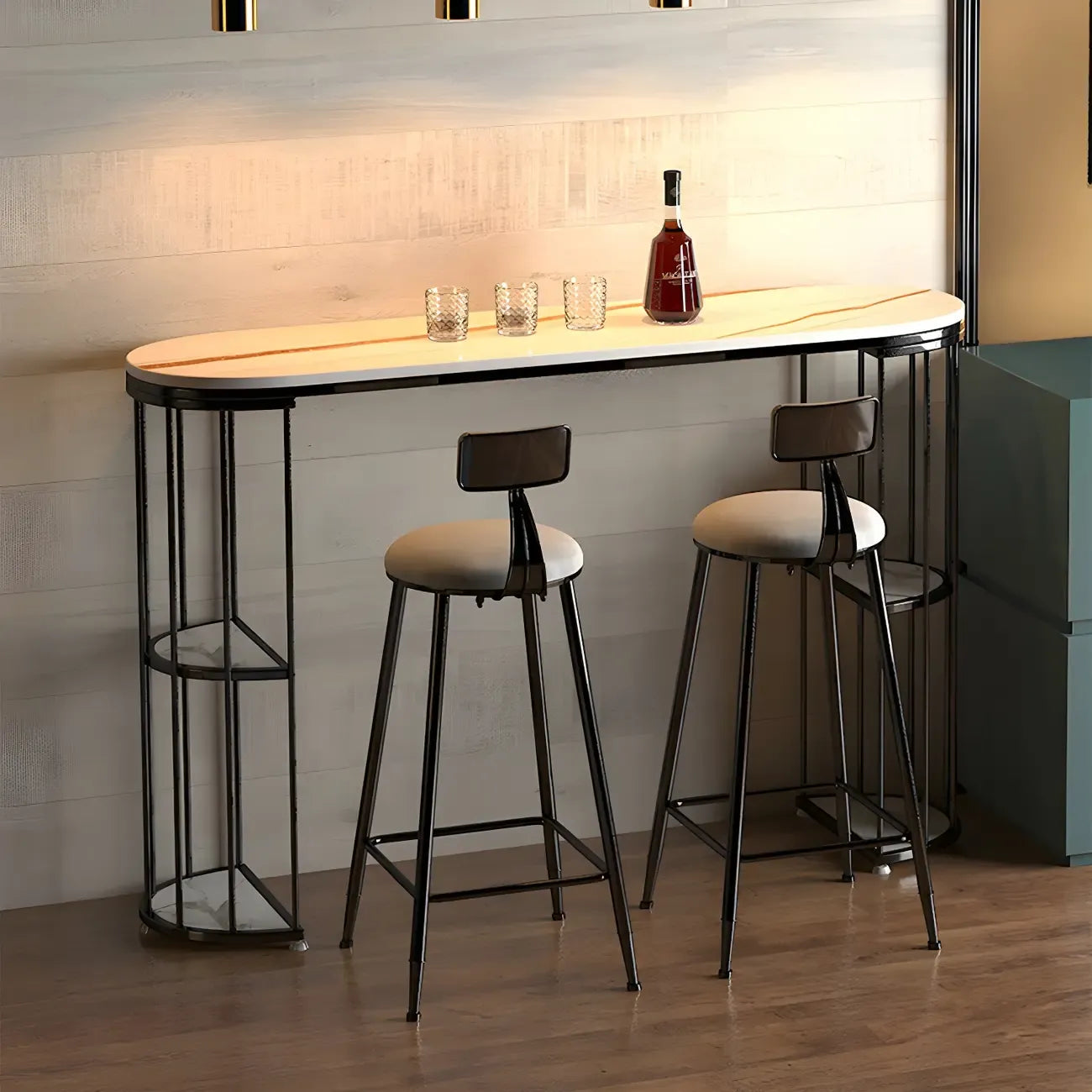 Modern Black Gold Stone Metal Storage Oblong Bar Tables