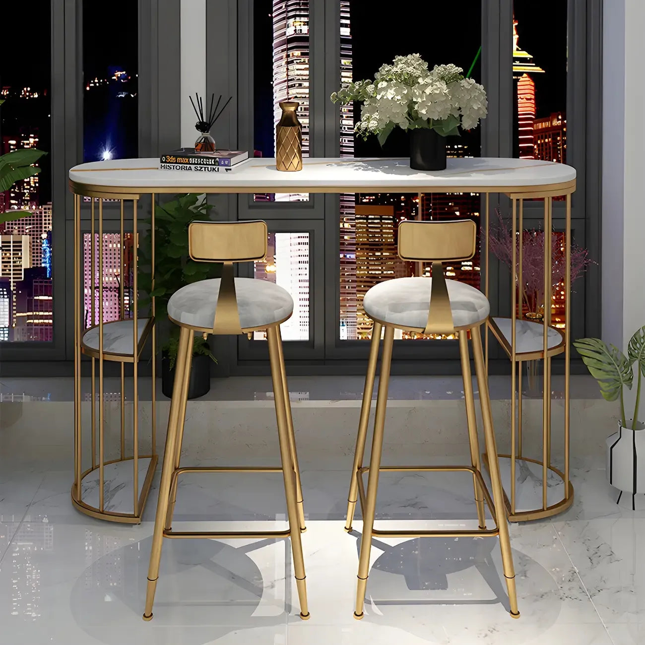 Modern Black Gold Stone Metal Storage Oblong Bar Tables