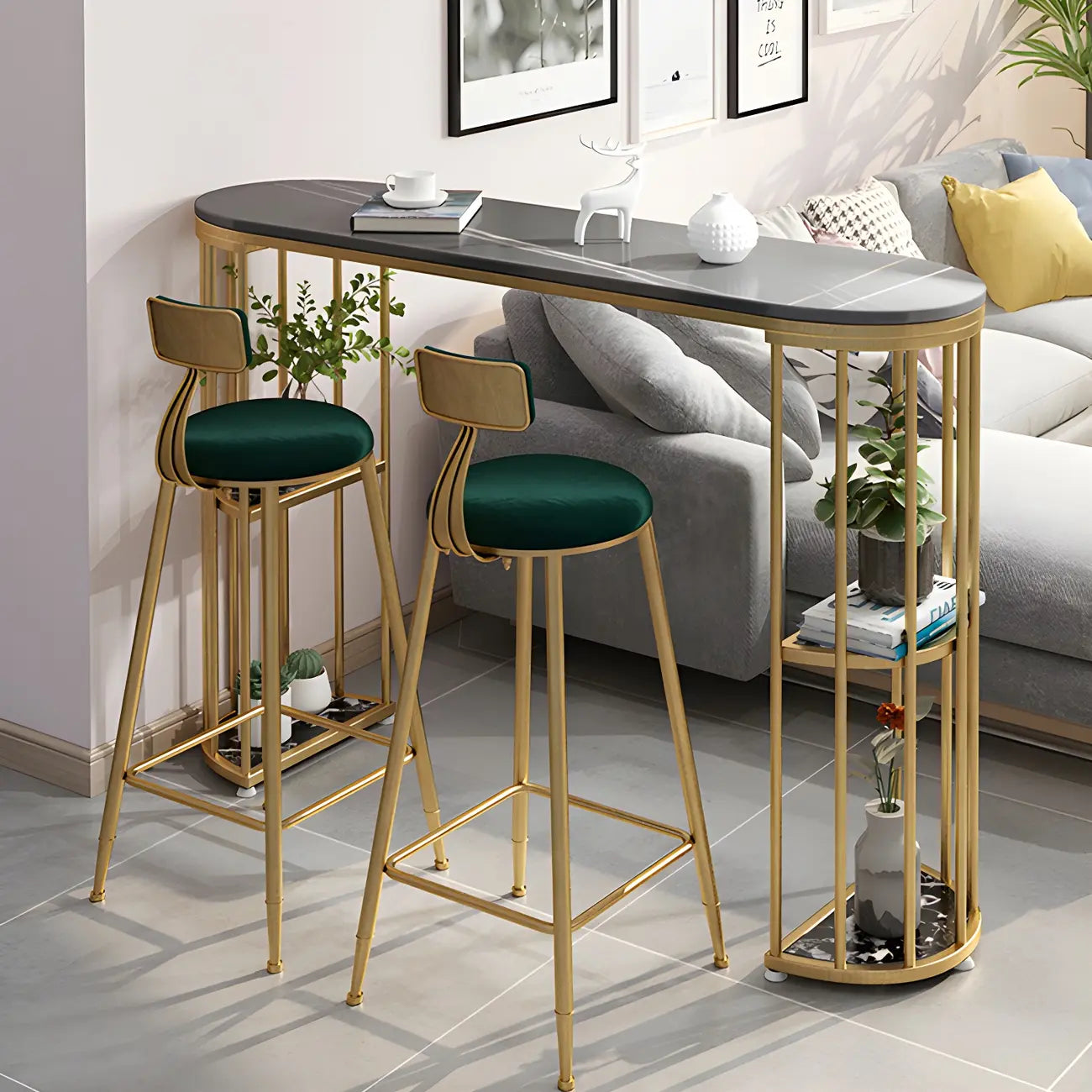 Modern Black Gold Stone Metal Storage Oblong Bar Tables