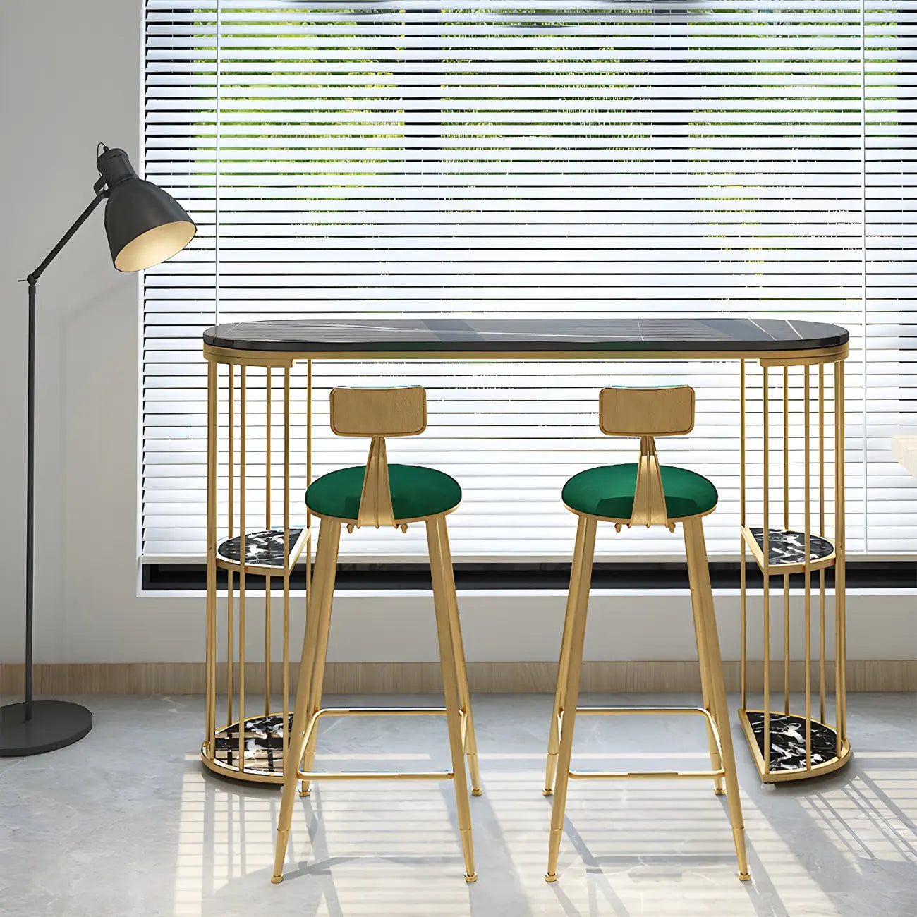 Modern Black Gold Stone Metal Storage Oblong Bar Tables