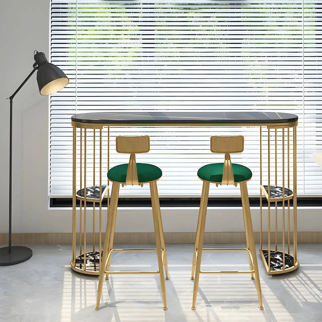 Modern Black Gold Stone Metal Storage Oblong Bar Tables