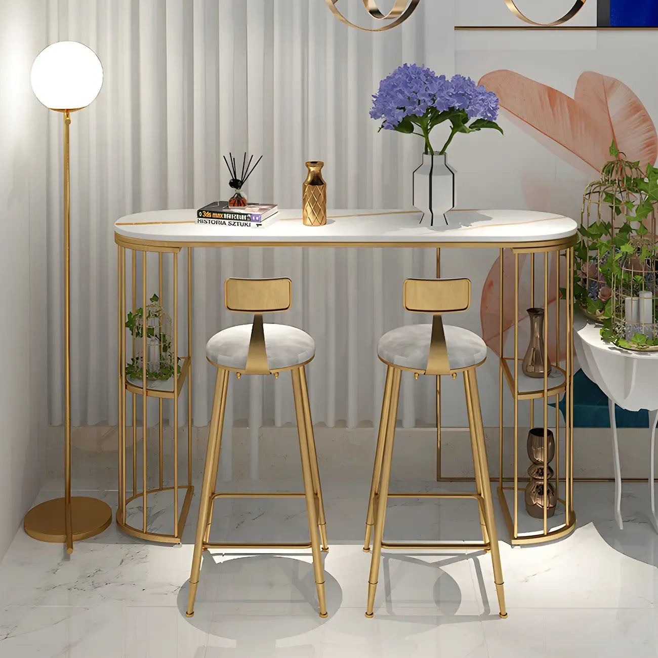 Modern Black Gold Stone Metal Storage Oblong Bar Tables