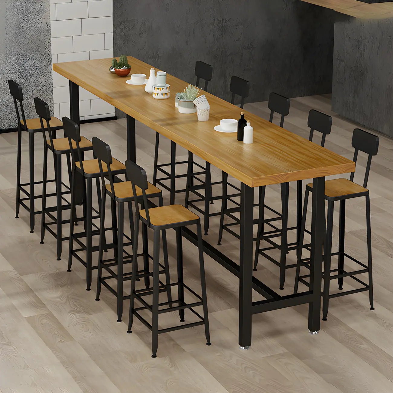 Rectangular Iron Frame Trestle Wood Bar Table with Footrest