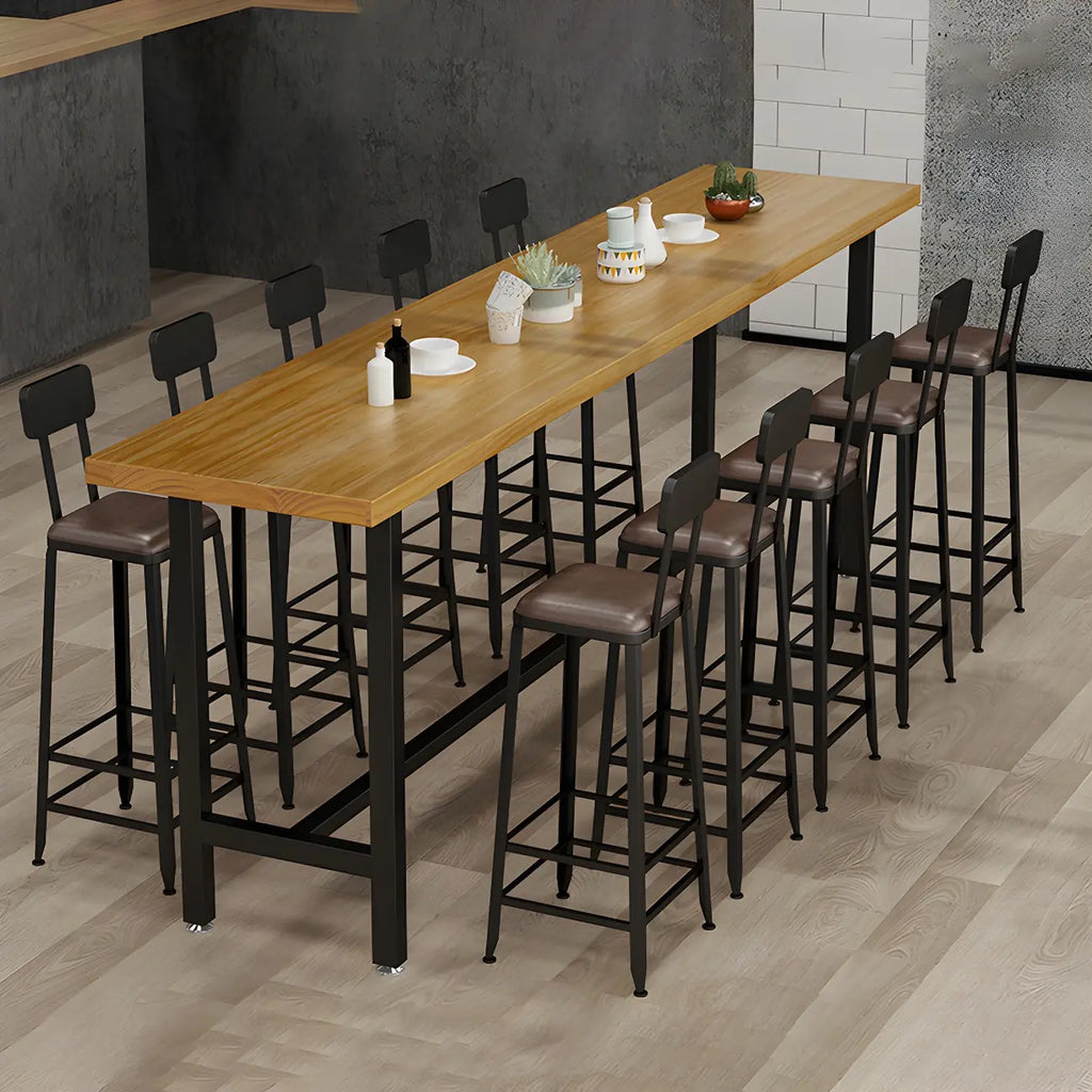 Rectangular Iron Frame Trestle Wood Bar Table with Footrest