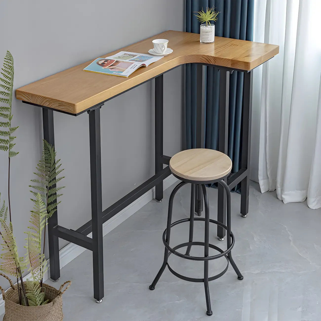 Industrial Natural Wooden Iron Trestle L-Shape Bar Tables