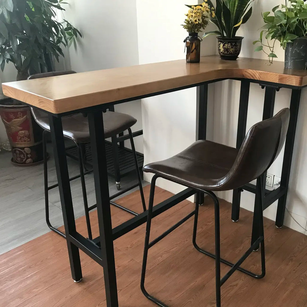 Industrial Natural Wooden Iron Trestle L-Shape Bar Tables