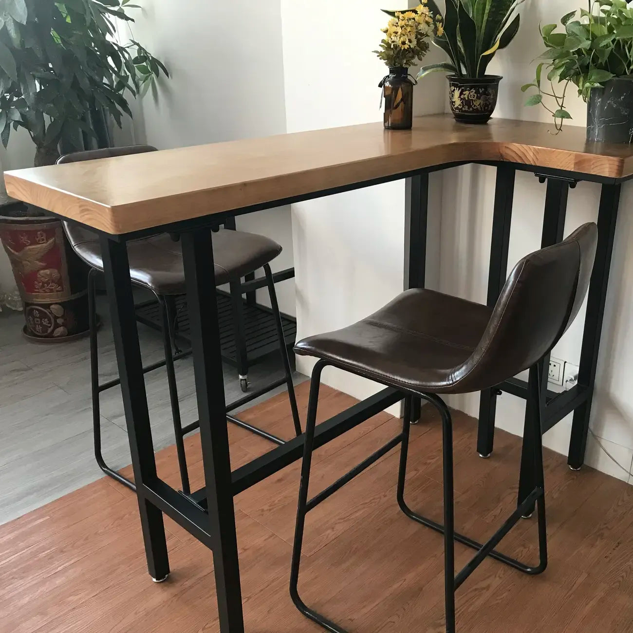 Industrial Natural Wooden Iron Trestle L-Shape Bar Tables