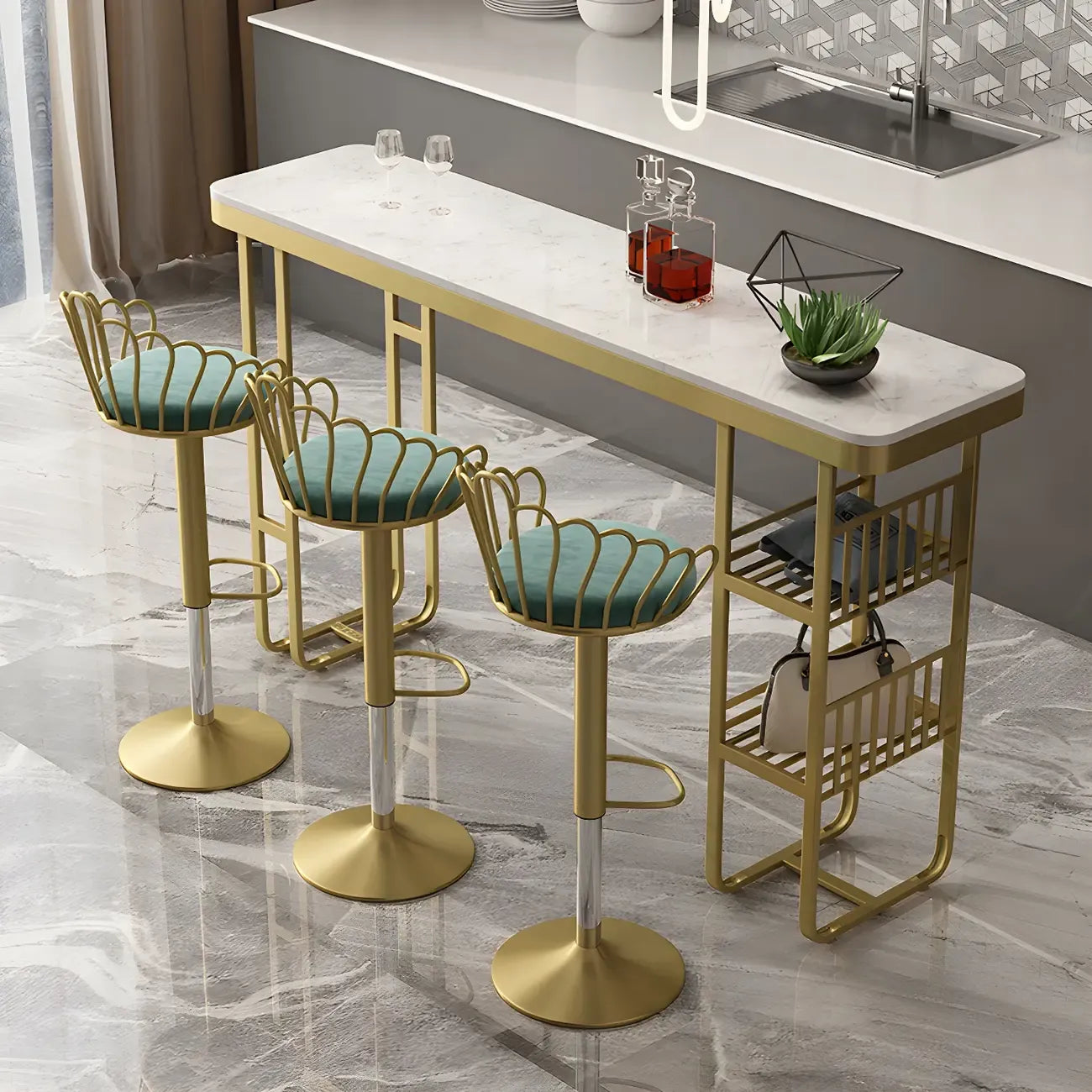 Glam Gold White Faux Marble Shelf Bar Tables