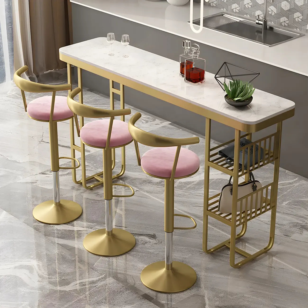 Glam Gold White Faux Marble Shelf Bar Tables