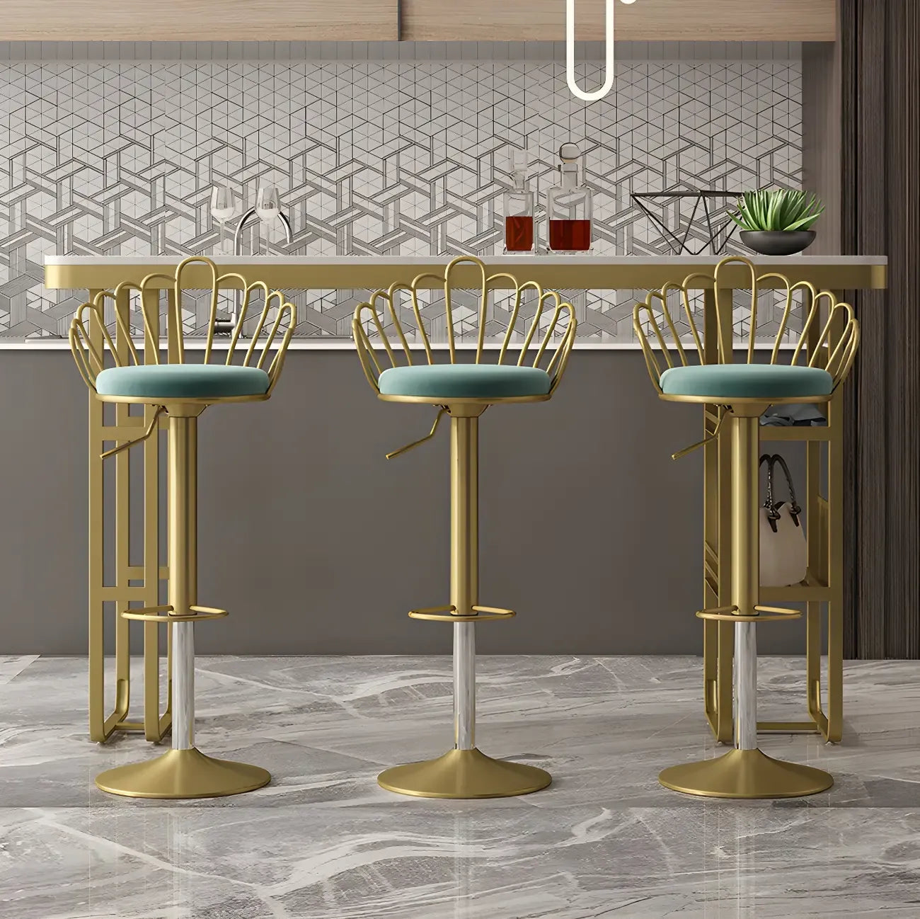 Glam Gold White Faux Marble Shelf Bar Tables