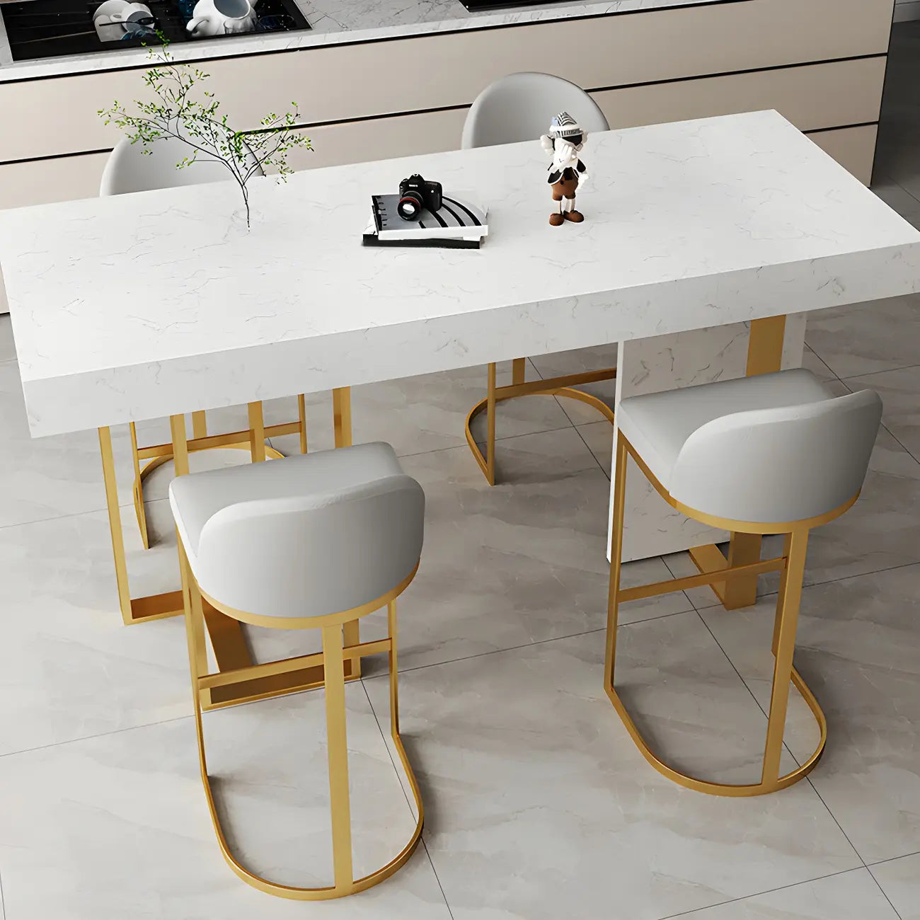 Rectangle White Marble Top Iron Base Dining Bar Table