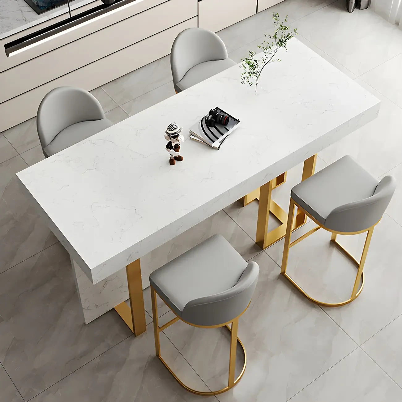 Rectangle White Marble Top Iron Base Dining Bar Table