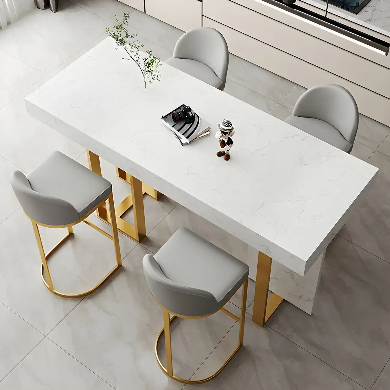 Rectangle White Marble Top Iron Base Dining Bar Table