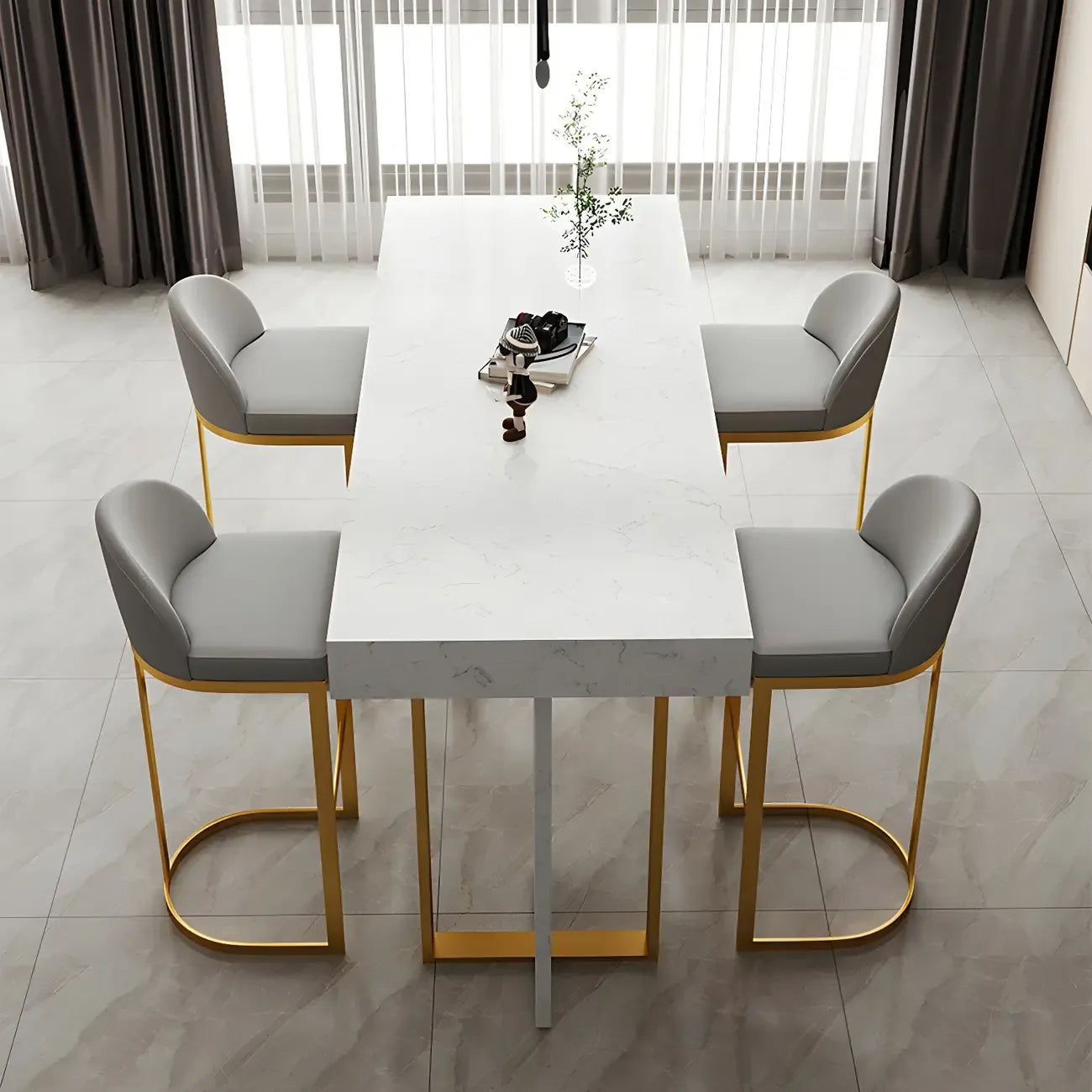 Rectangle White Marble Top Iron Base Dining Bar Table