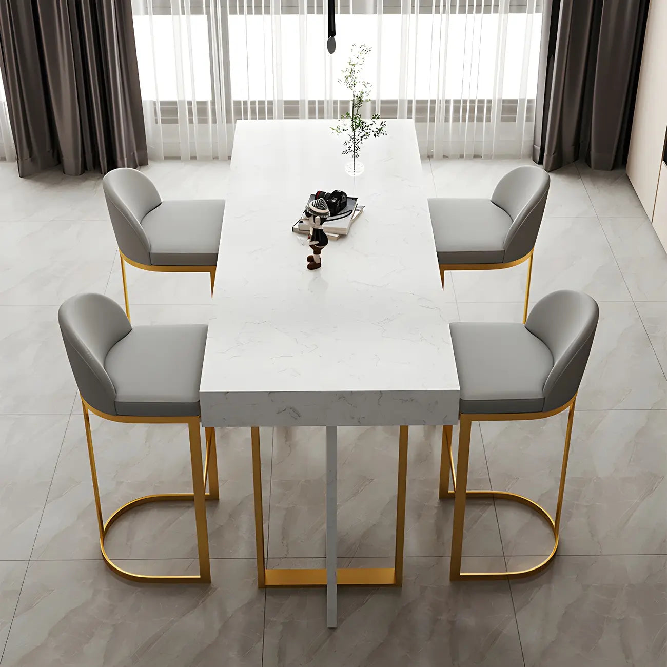 Rectangle White Marble Top Iron Base Dining Bar Table