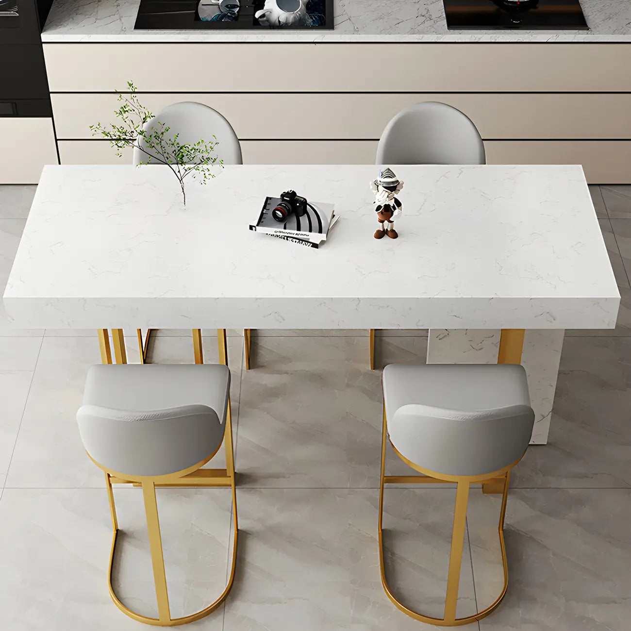 Rectangle White Marble Top Iron Base Dining Bar Table