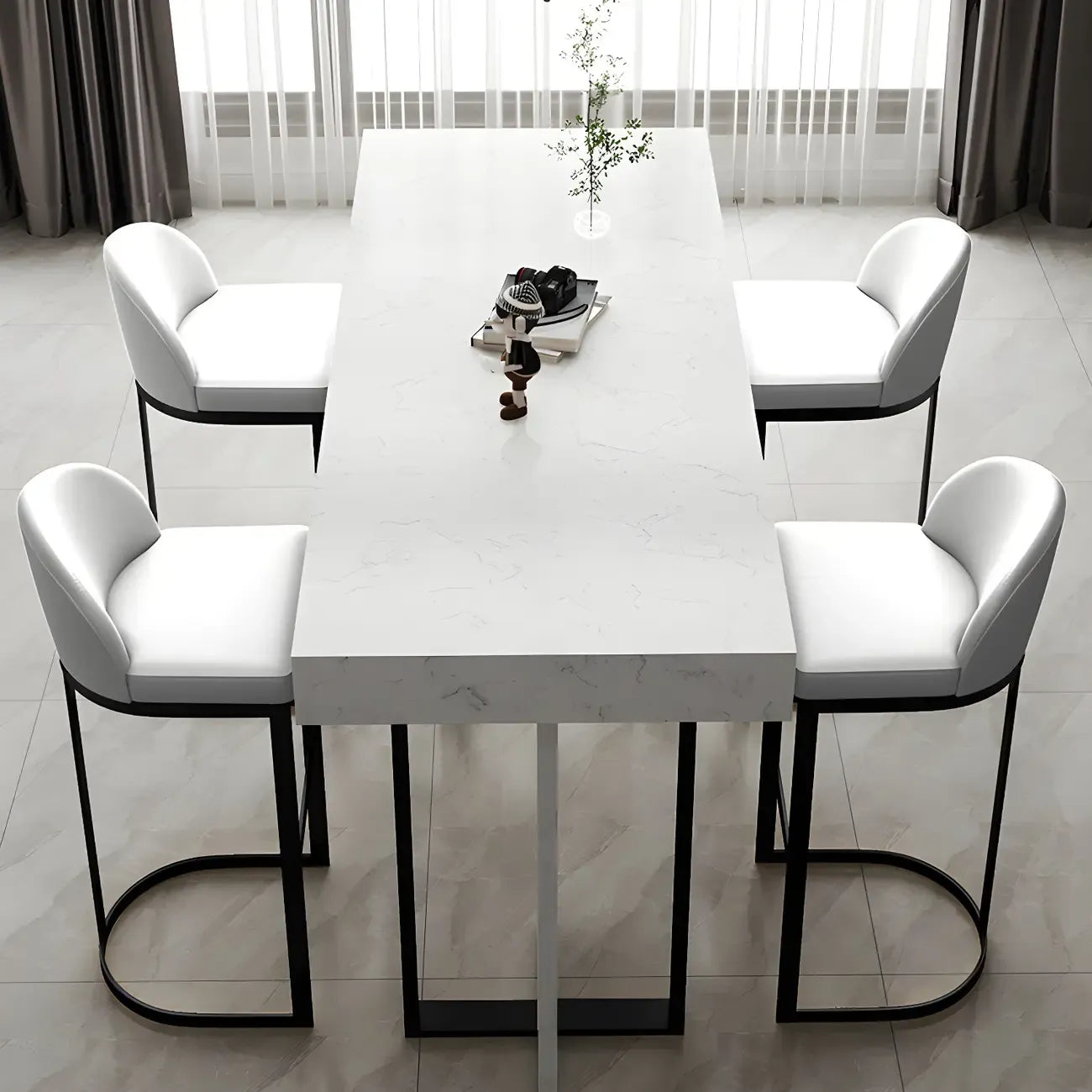 Rectangle White Marble Top Iron Base Dining Bar Table