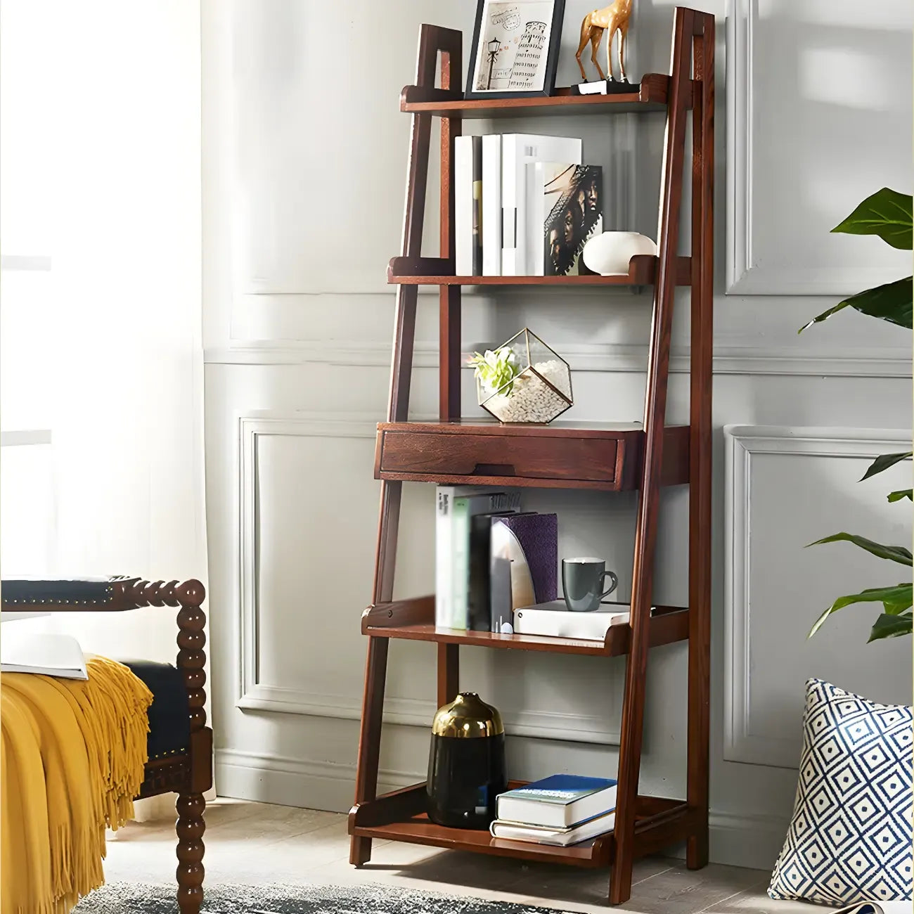 Scandinavian Wood Walnut 5-Tier Ladder Bookcase