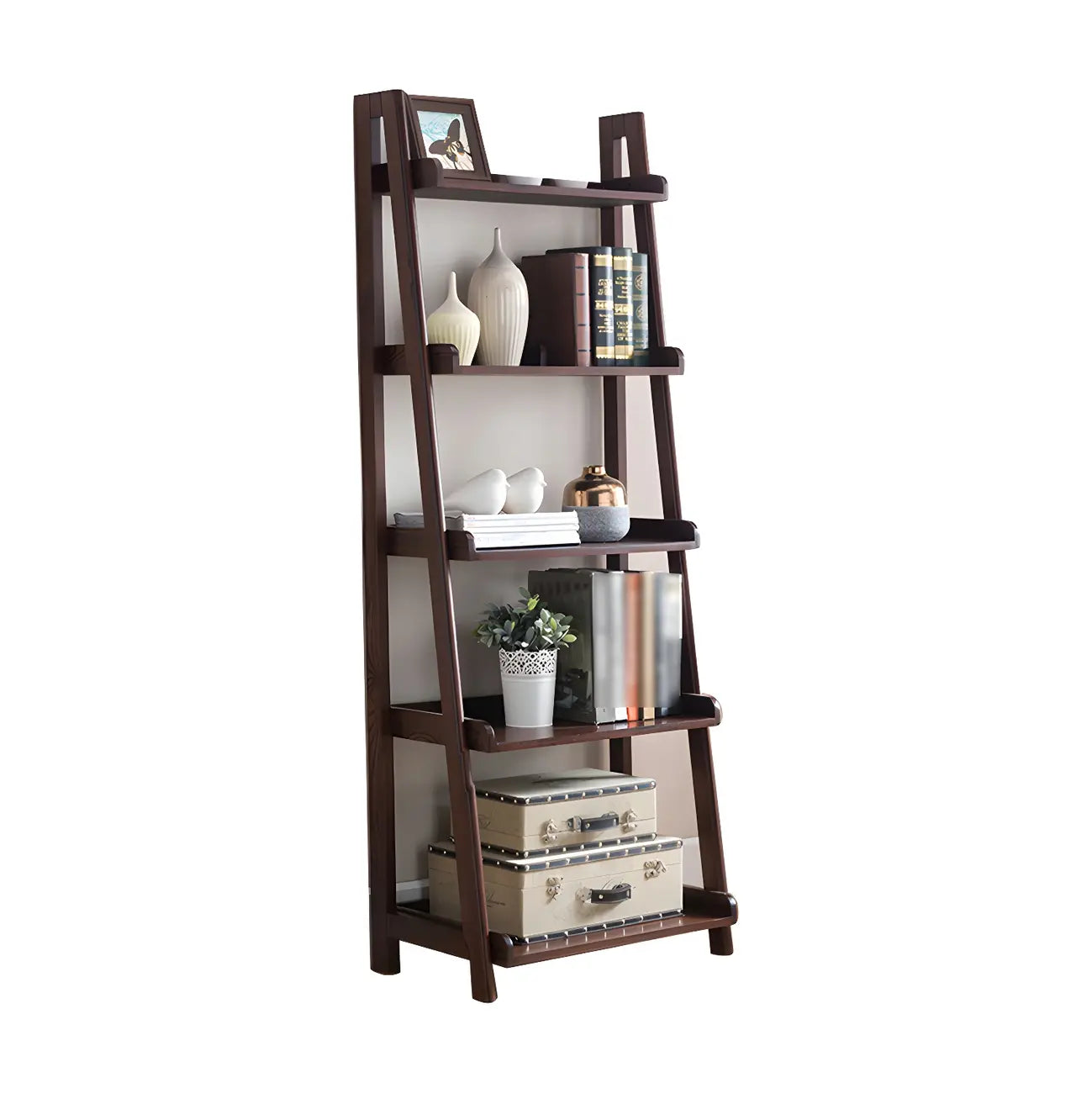Scandinavian Wood Walnut 5-Tier Ladder Bookcase