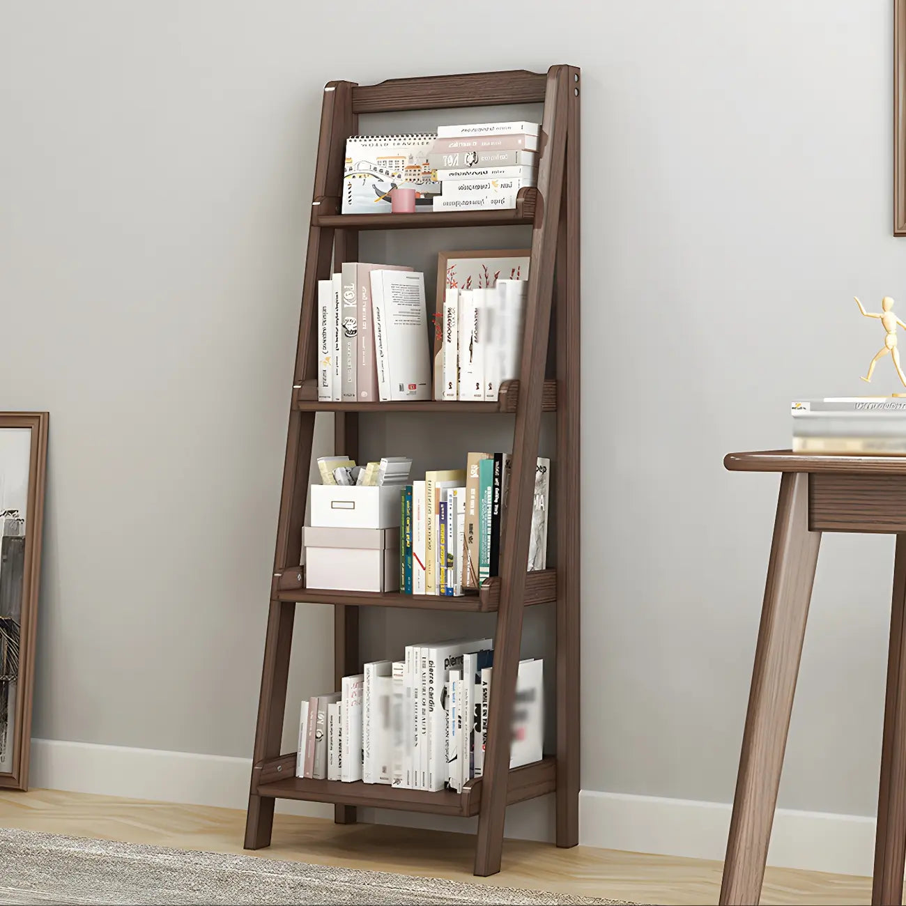 Minimalist Wooden Ladder Storage Bookcase in Walnut