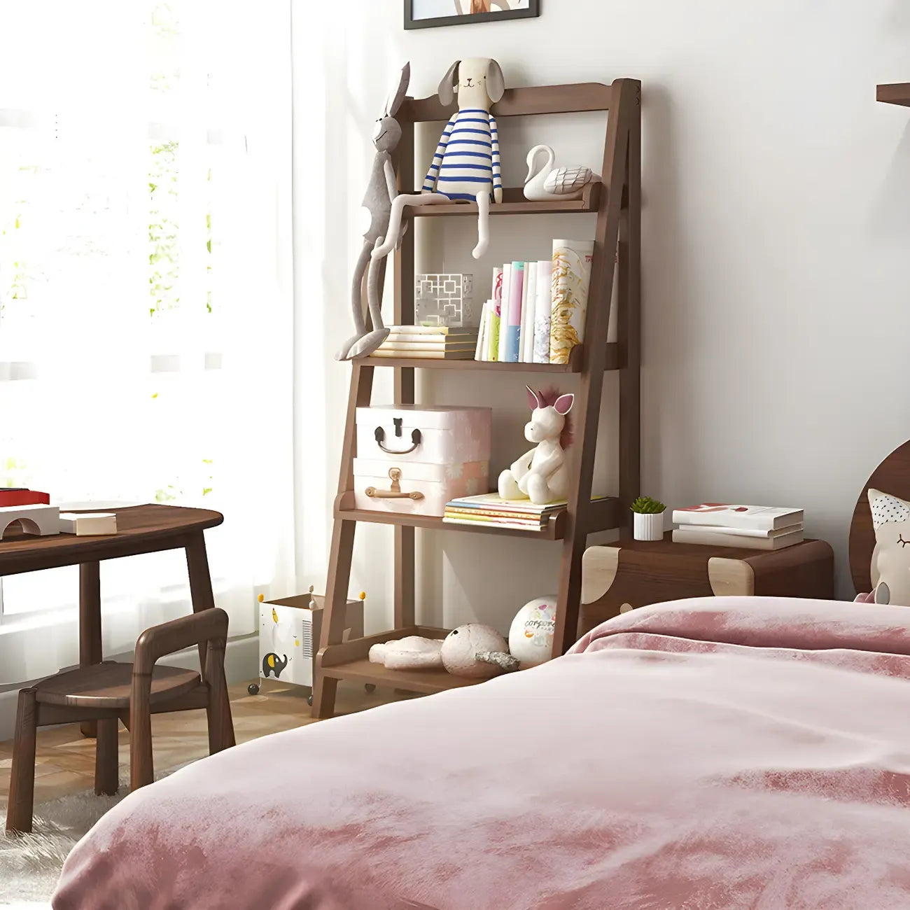 Minimalist Wooden Ladder Storage Bookcase in Walnut