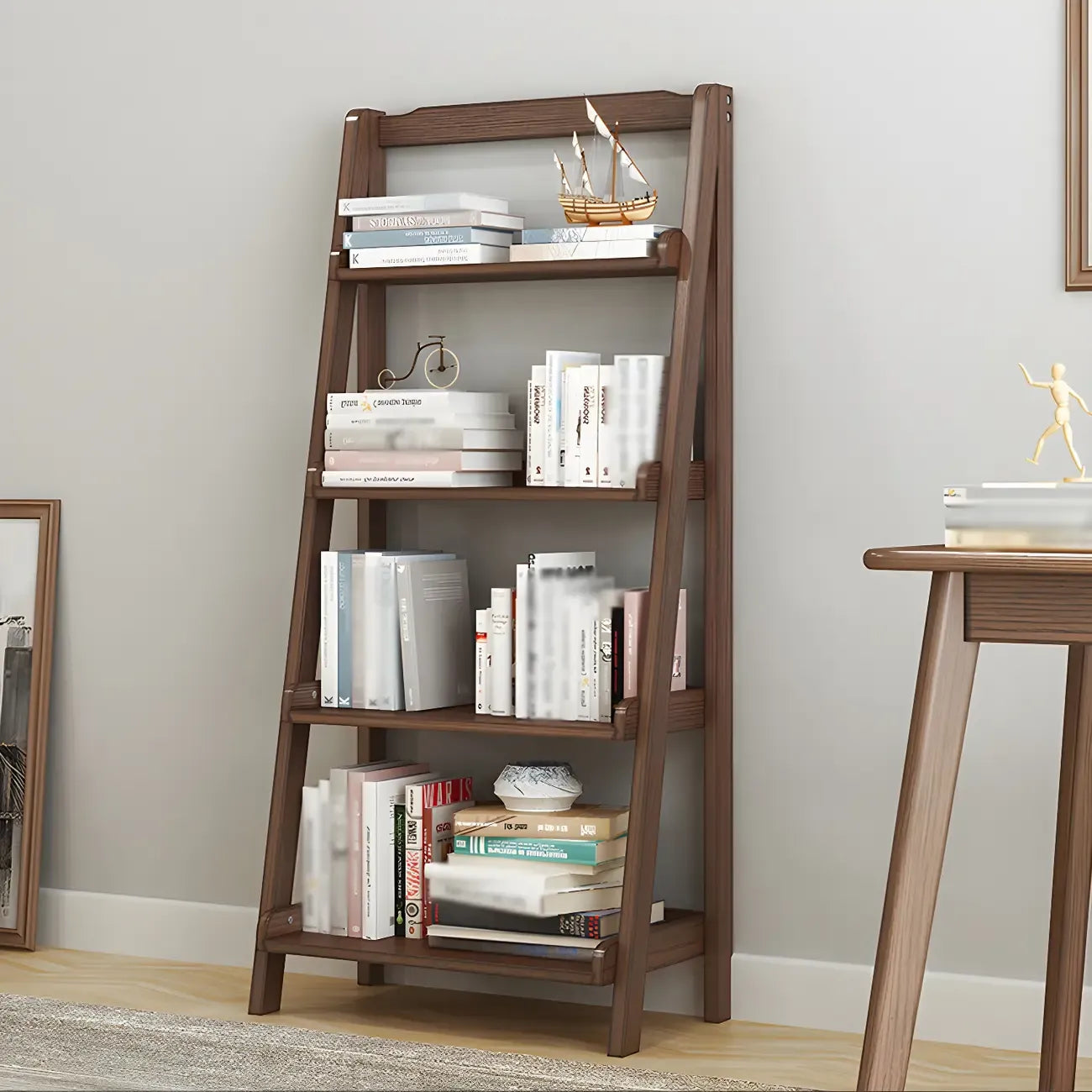 Minimalist Wooden Ladder Storage Bookcase in Walnut