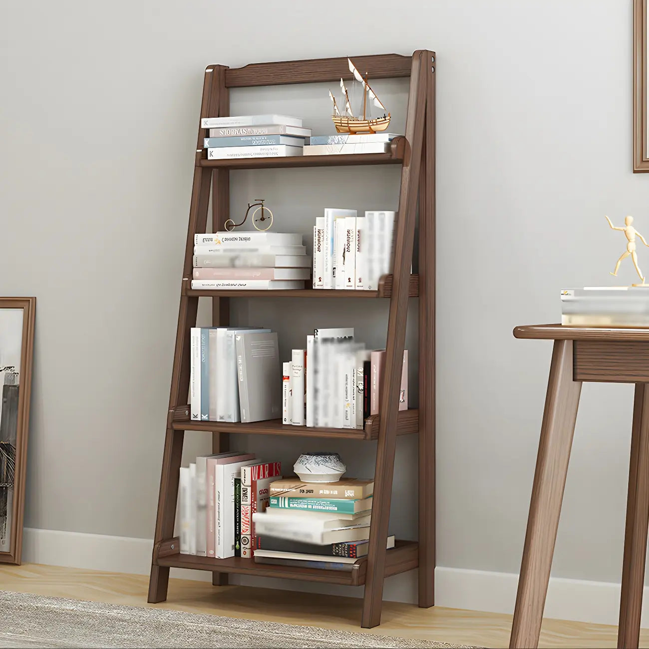 Minimalist Wooden Ladder Storage Bookcase in Walnut