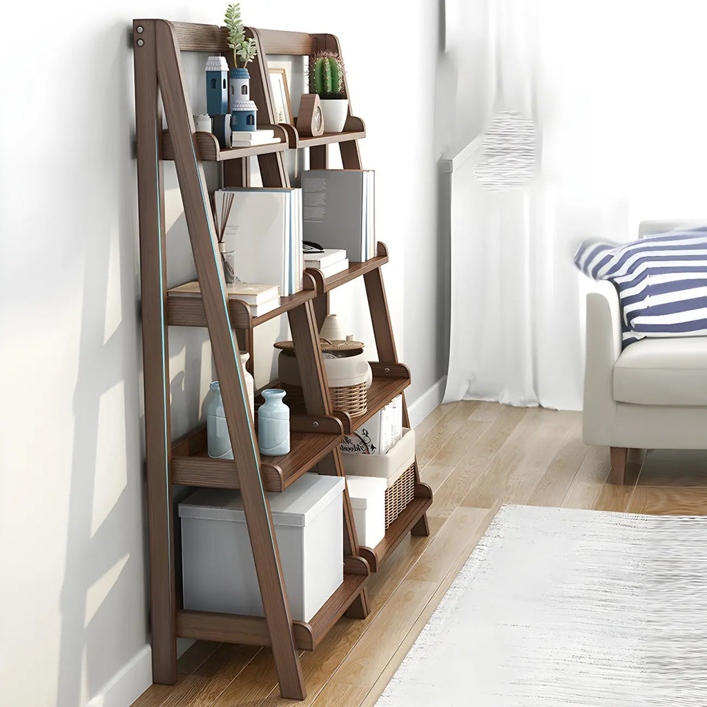 Minimalist Wooden Ladder Storage Bookcase in Walnut