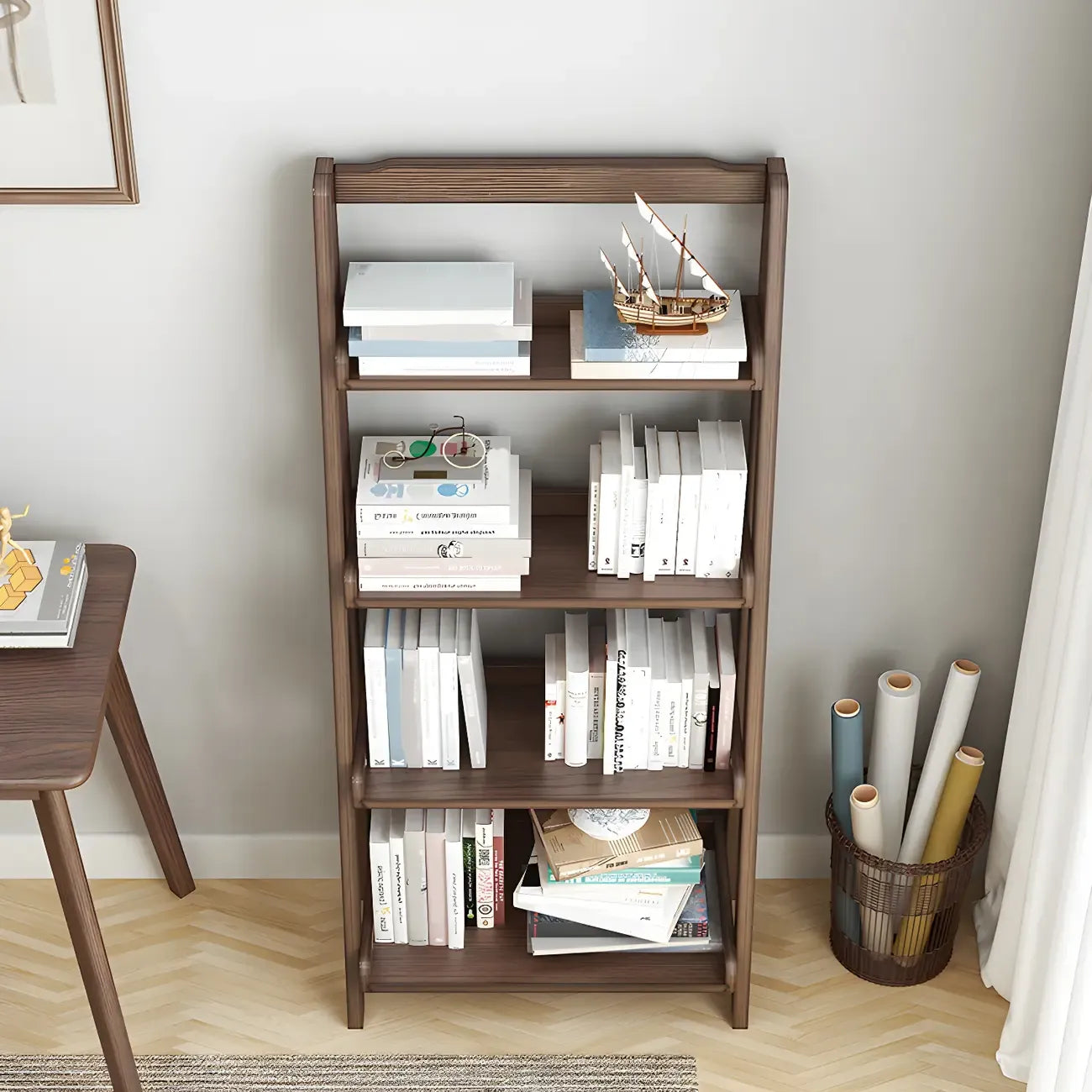 Minimalist Wooden Ladder Storage Bookcase in Walnut