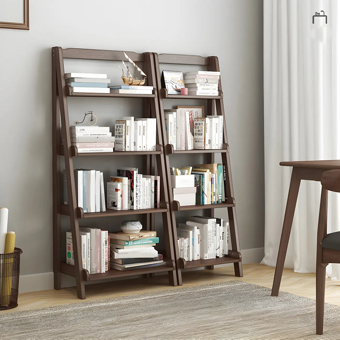 Minimalist Wooden Ladder Storage Bookcase in Walnut