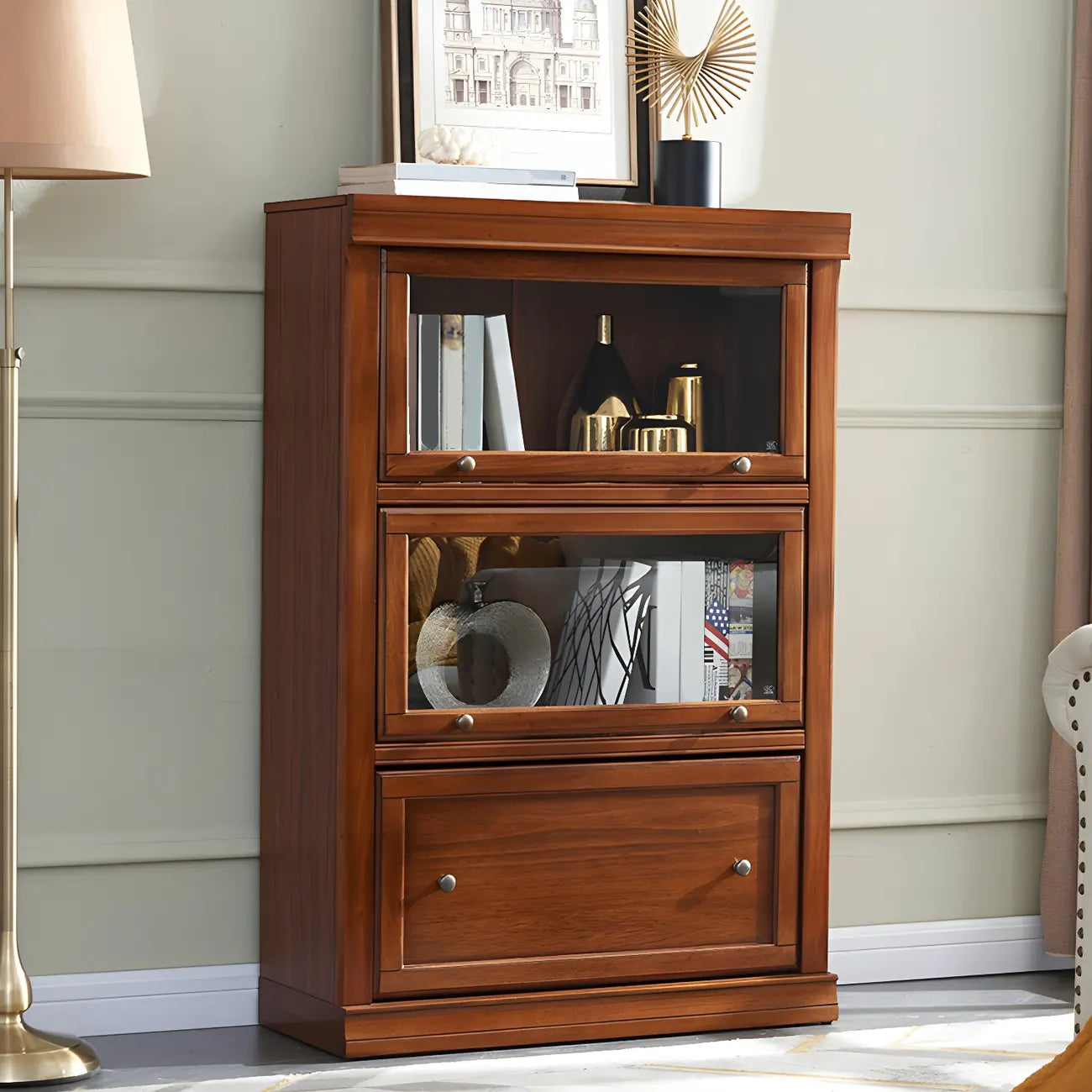 Brown Oak Wood Barrister Bookcases with Glass Doors