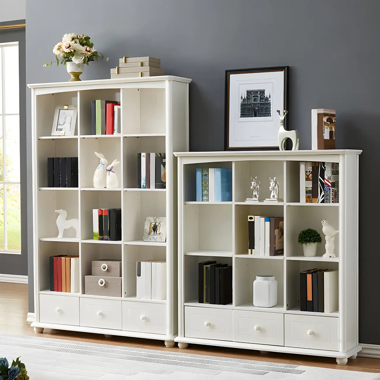 Modern White Wooden Bookcase with Storage for Home Office