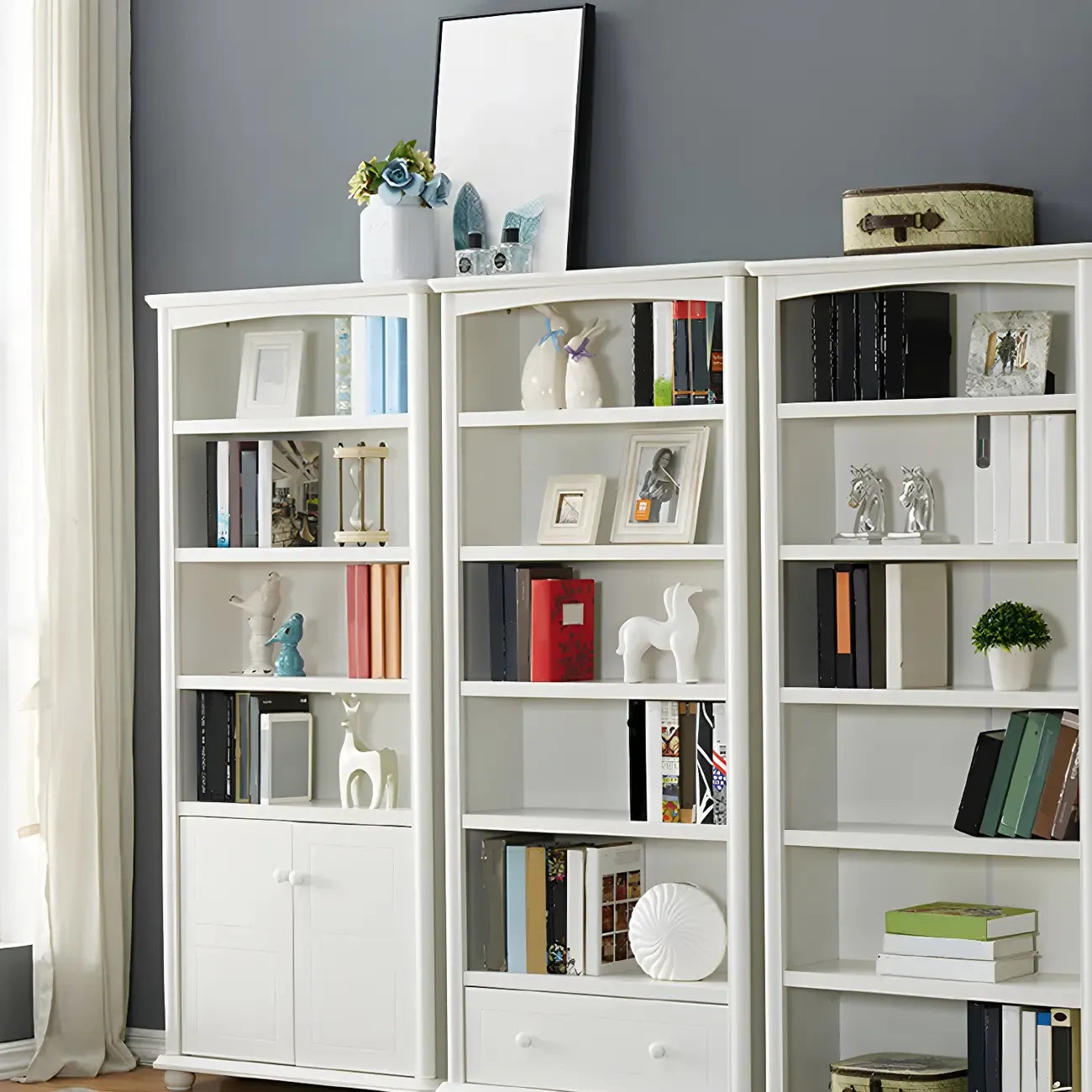 Modern White Wooden Bookcase with Storage for Home Office