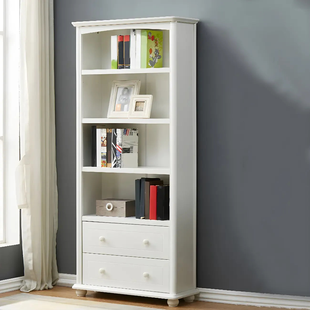 Modern White Wooden Bookcase with Storage for Home Office