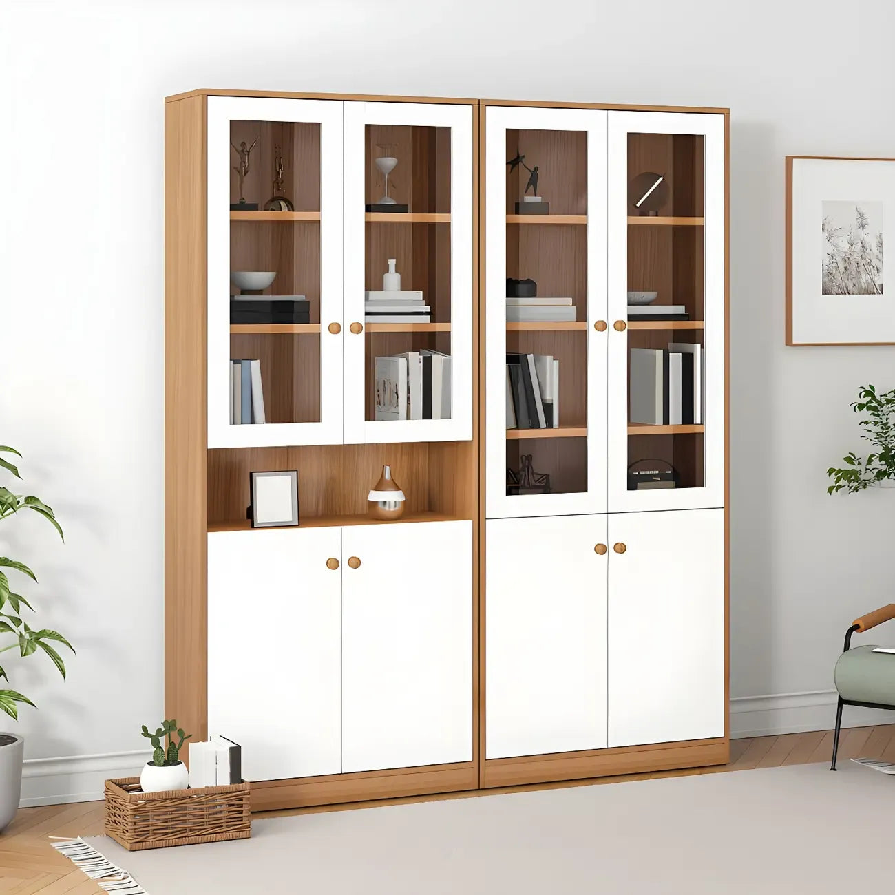 Sleek Wood Glass Door Bookcase with Adjustable Shelves
