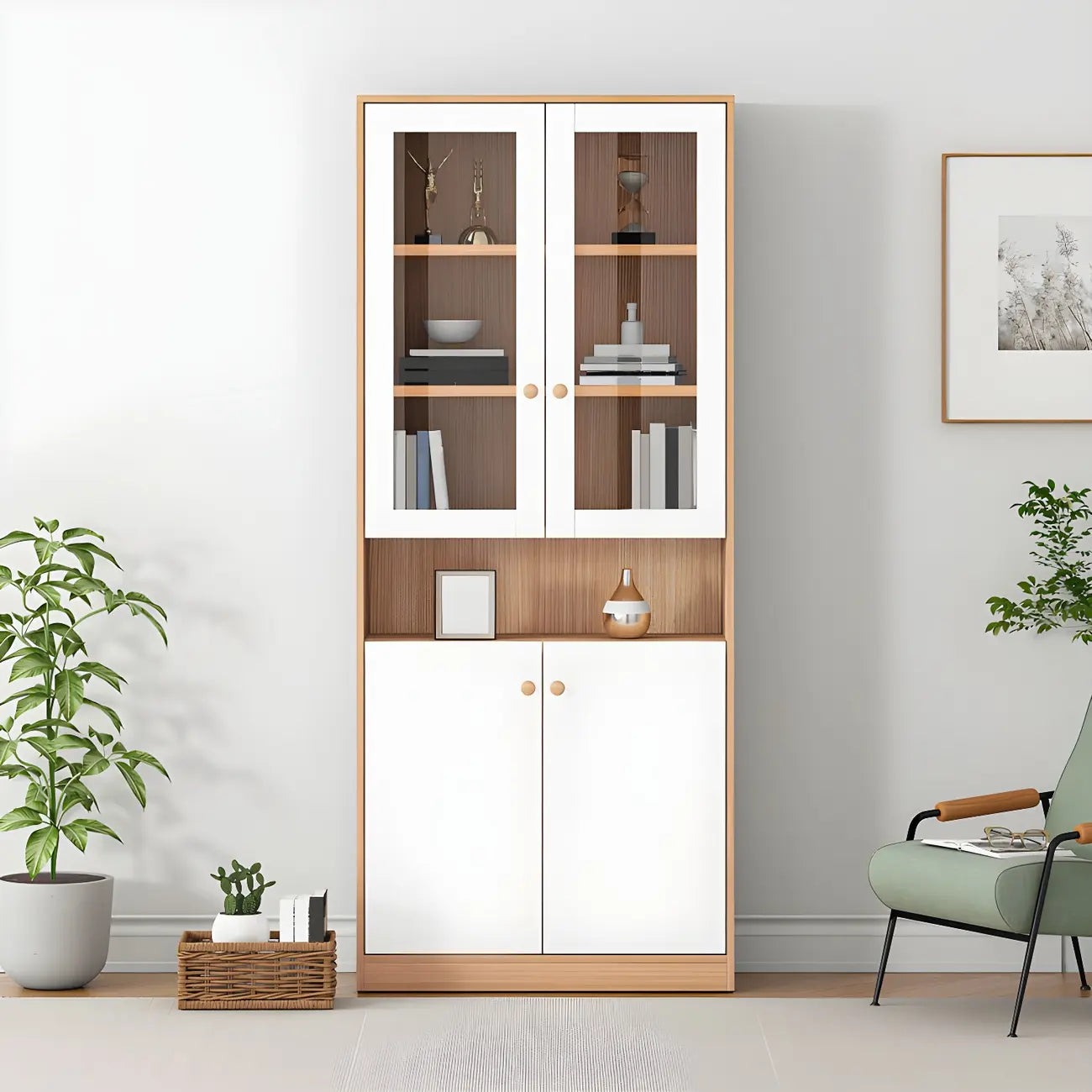 Sleek Wood Glass Door Bookcase with Adjustable Shelves