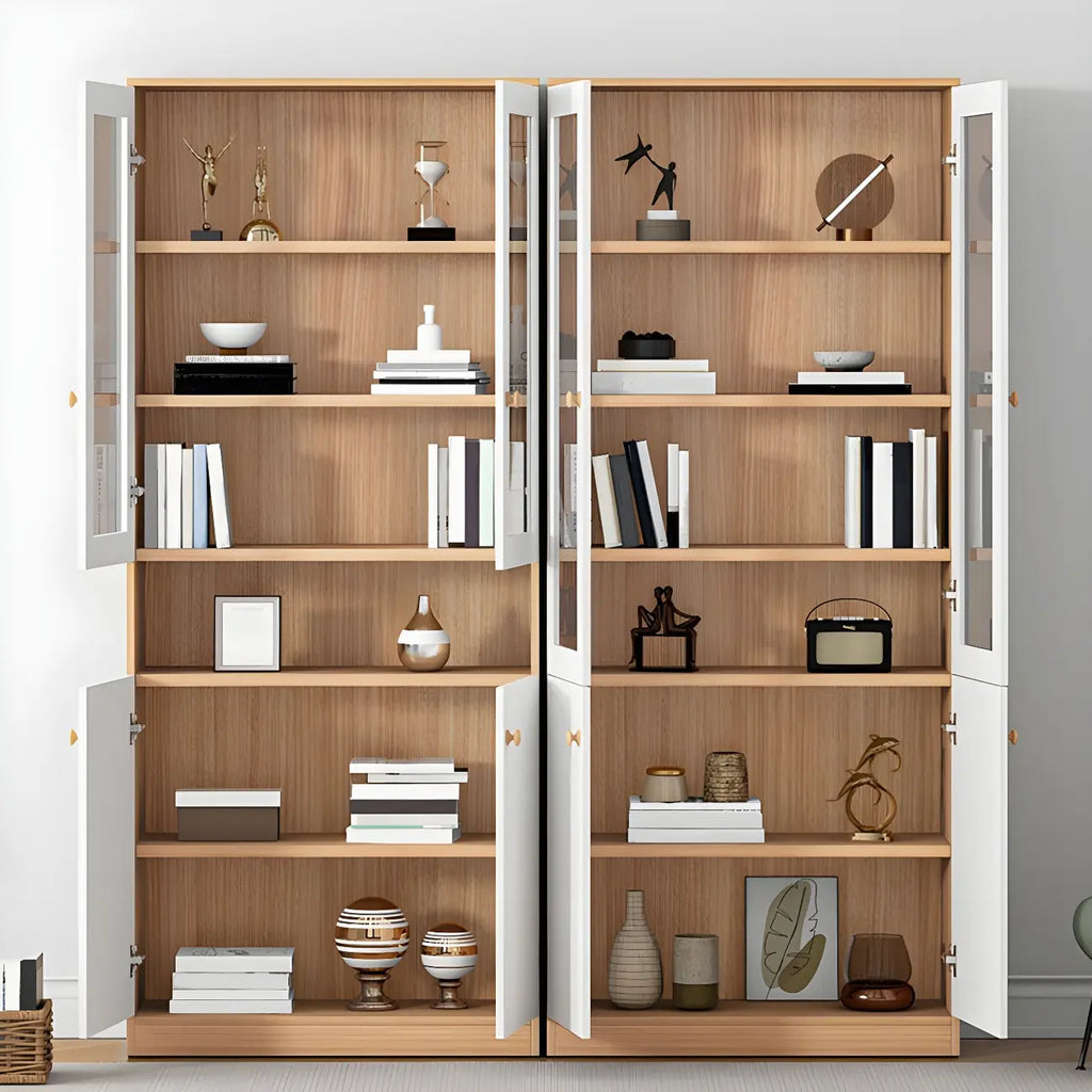 Sleek Wood Glass Door Bookcase with Adjustable Shelves