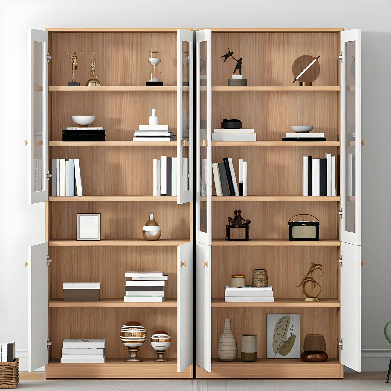 Sleek Wood Glass Door Bookcase with Adjustable Shelves