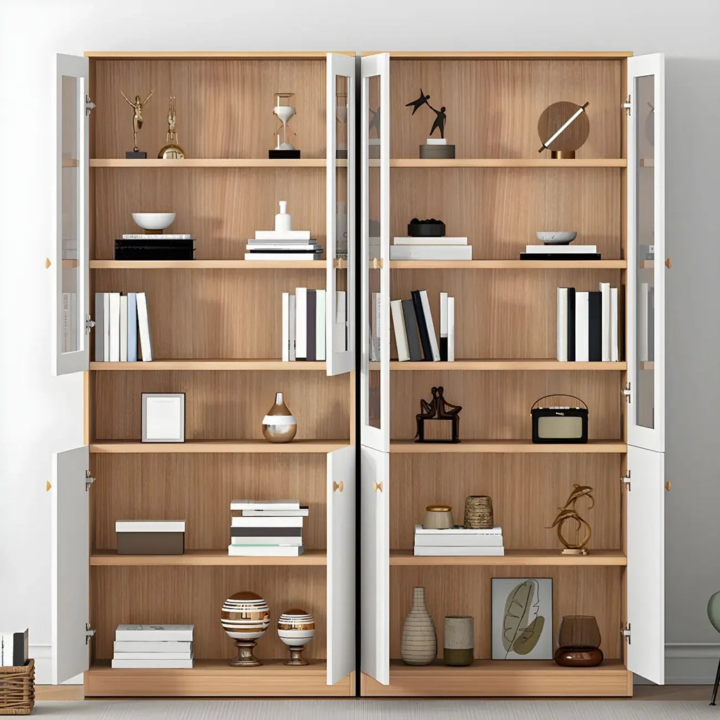 Sleek Wood Glass Door Bookcase with Adjustable Shelves