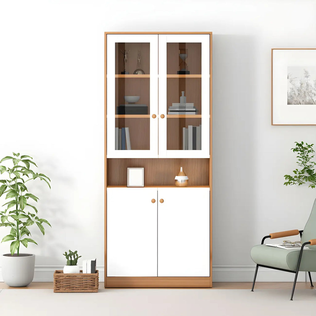 Sleek Wood Glass Door Bookcase with Adjustable Shelves