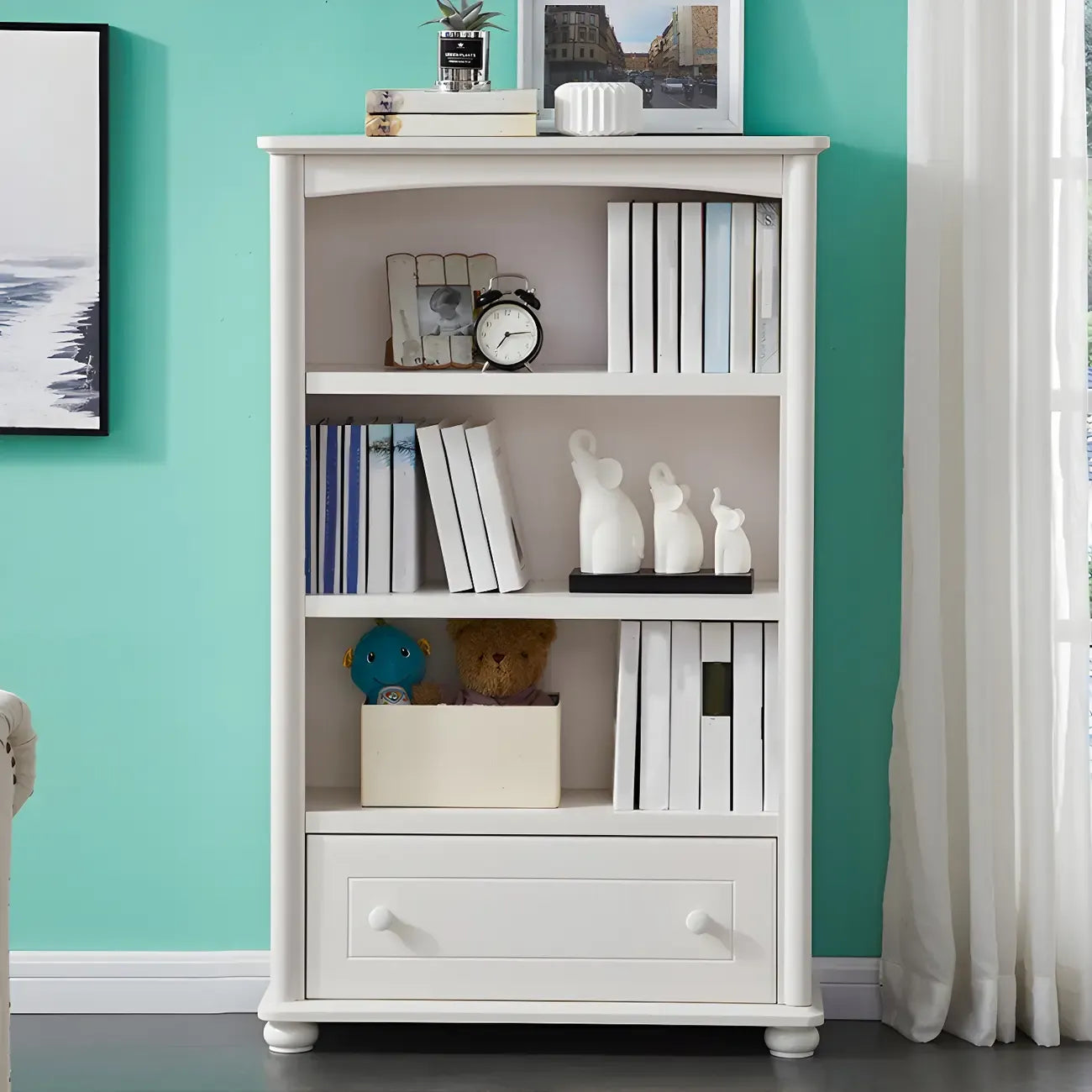 Modern White Wood Bookcase with Storage for Home Office