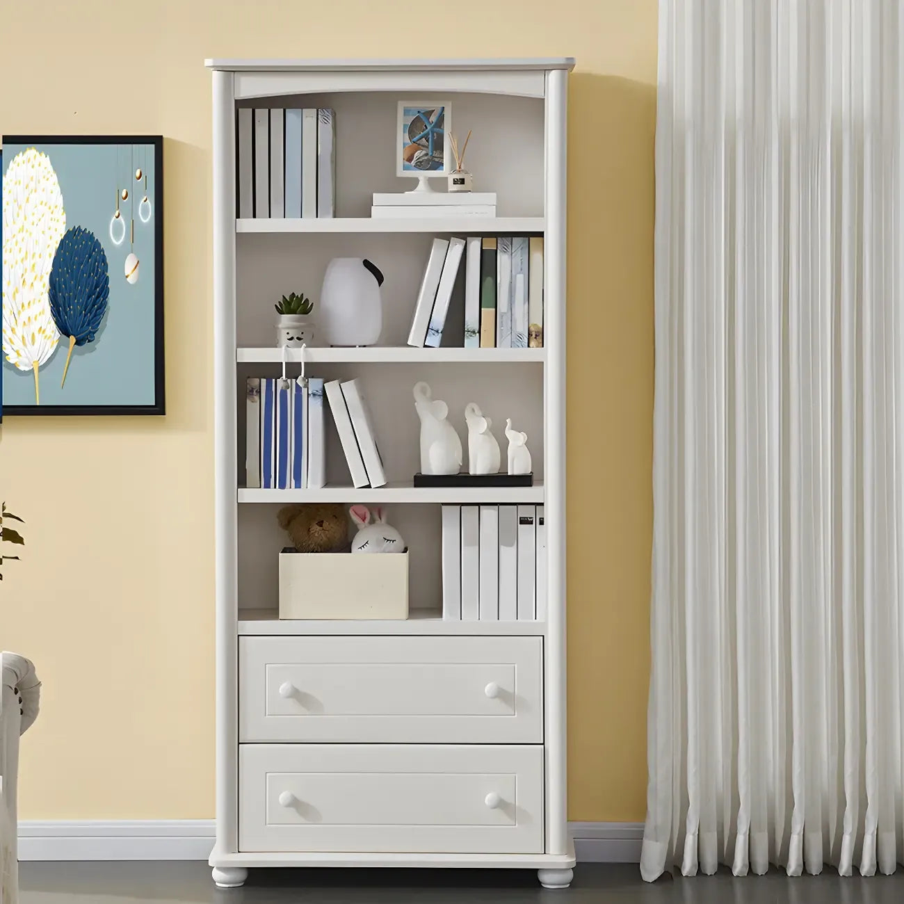 Modern White Wood Bookcase with Storage for Home Office