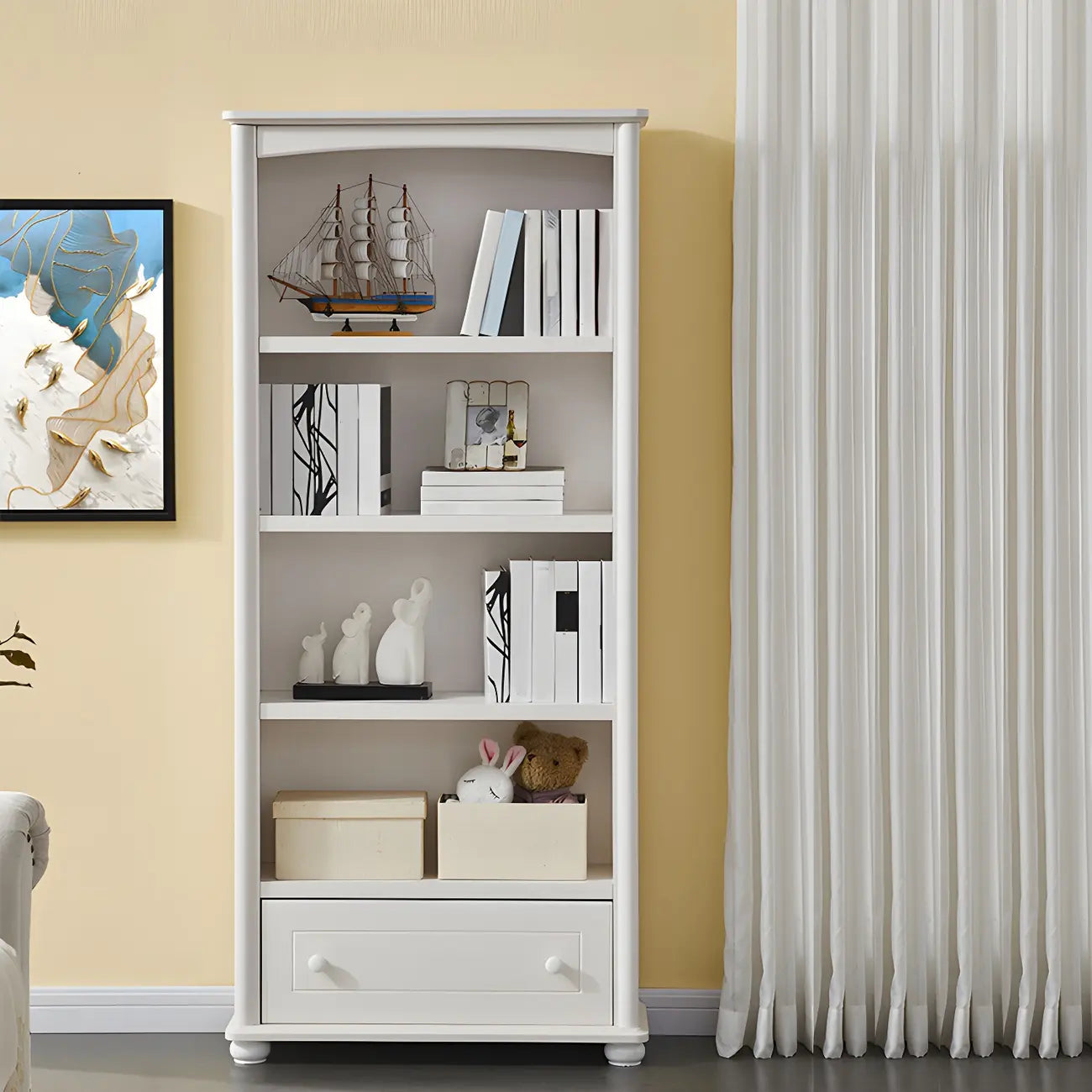 Modern White Wood Bookcase with Storage for Home Office